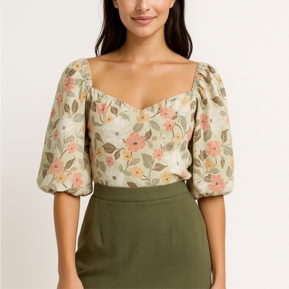 Abercrombie and Fitch Mint Floral Puff Sleeve Top